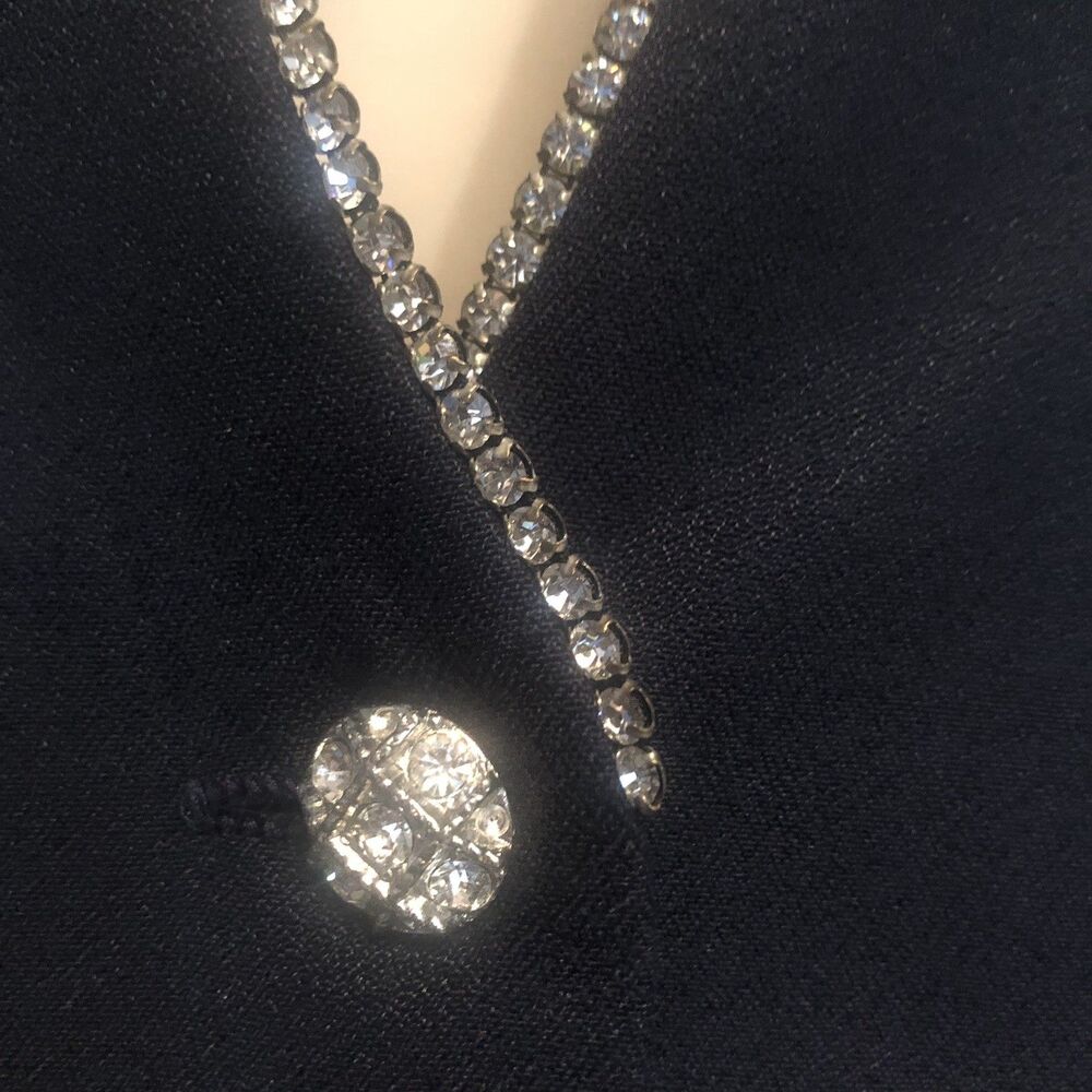 Vintage 1980s JR Nites Petites M Dress Jacket Navy Rhinestone Trim Shoulder Pads - Picture 5 of 9